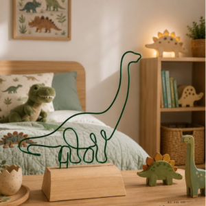Dinosaure en fil de fer sur socle en bois