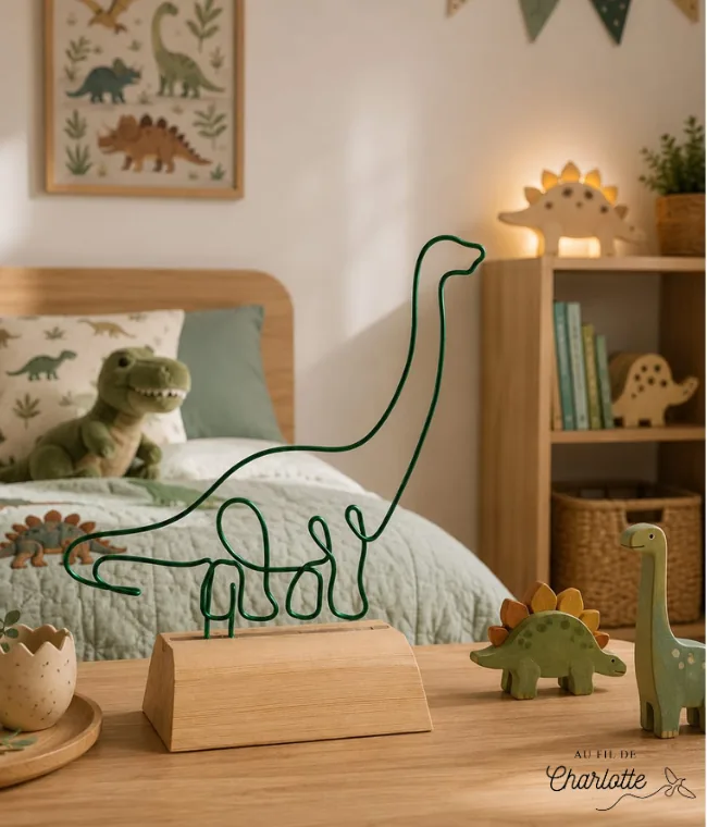 Dinosaure en fil de fer sur socle en bois