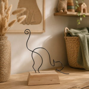 Chat en fil de fer sur socle en bois