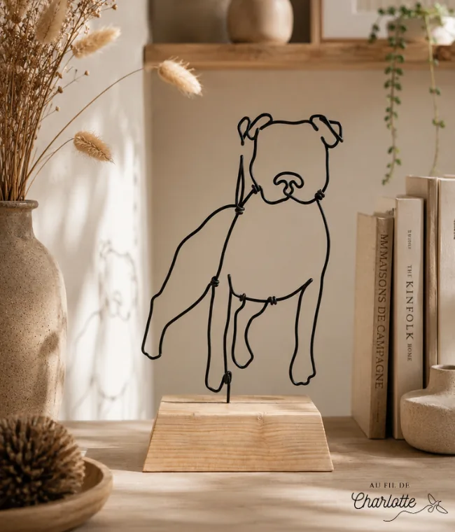 Staffy en fil de fer sur socle en bois