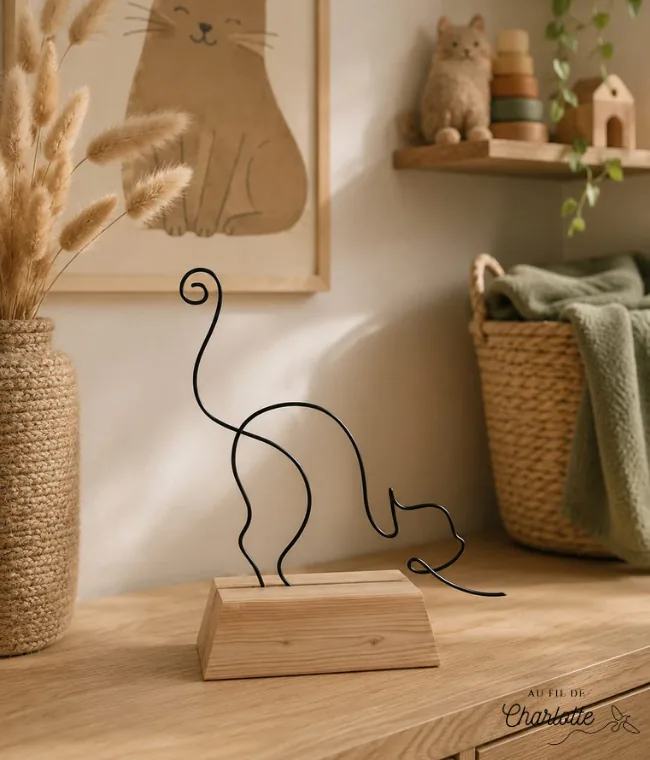 Chat en fil de fer sur socle en bois