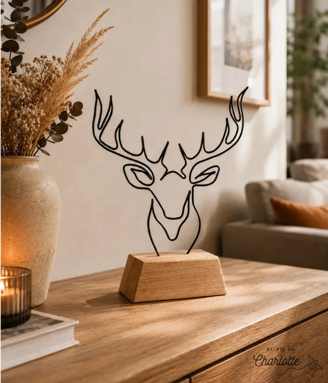 Tête de cerf en fil de fer sur socle